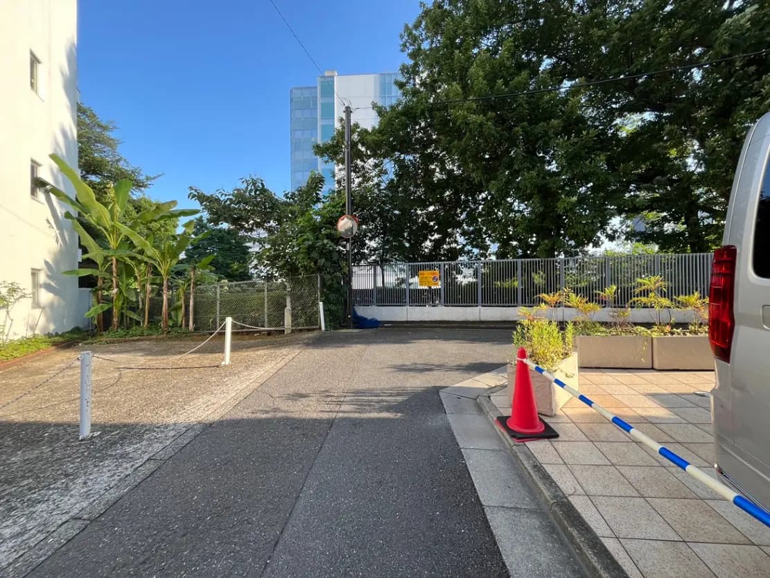 - 緑豊かな通りとフェンス、車が止まっている横にある赤いコーンと植栽のある景観