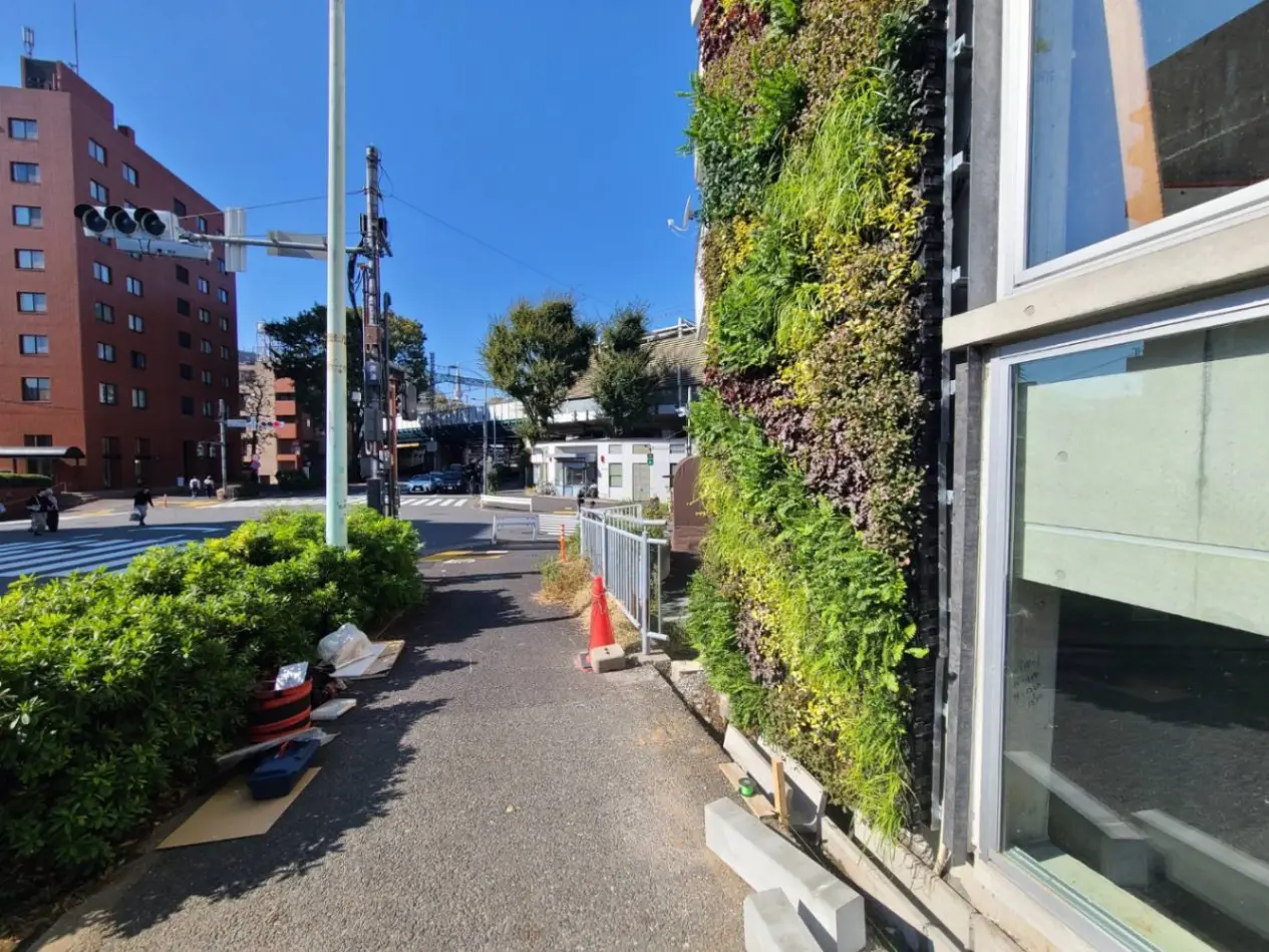 都市の緑化を取り入れたビルの壁面、晴れた日の歩道と交差点、縦長の交通信号機