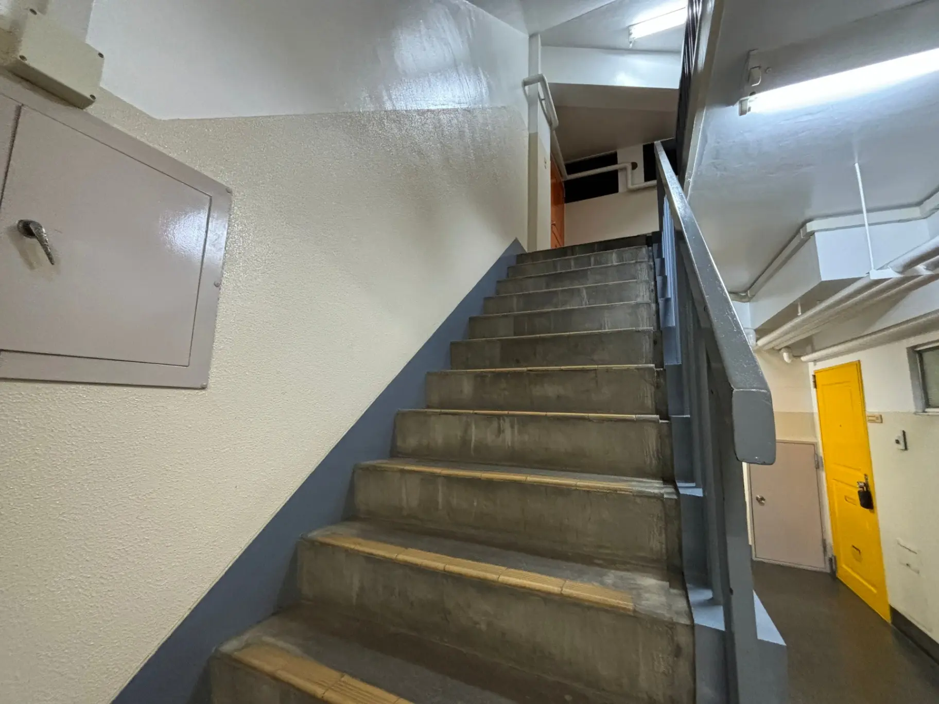 建物の内部にある階段と黄色いドアが特徴的な廊下