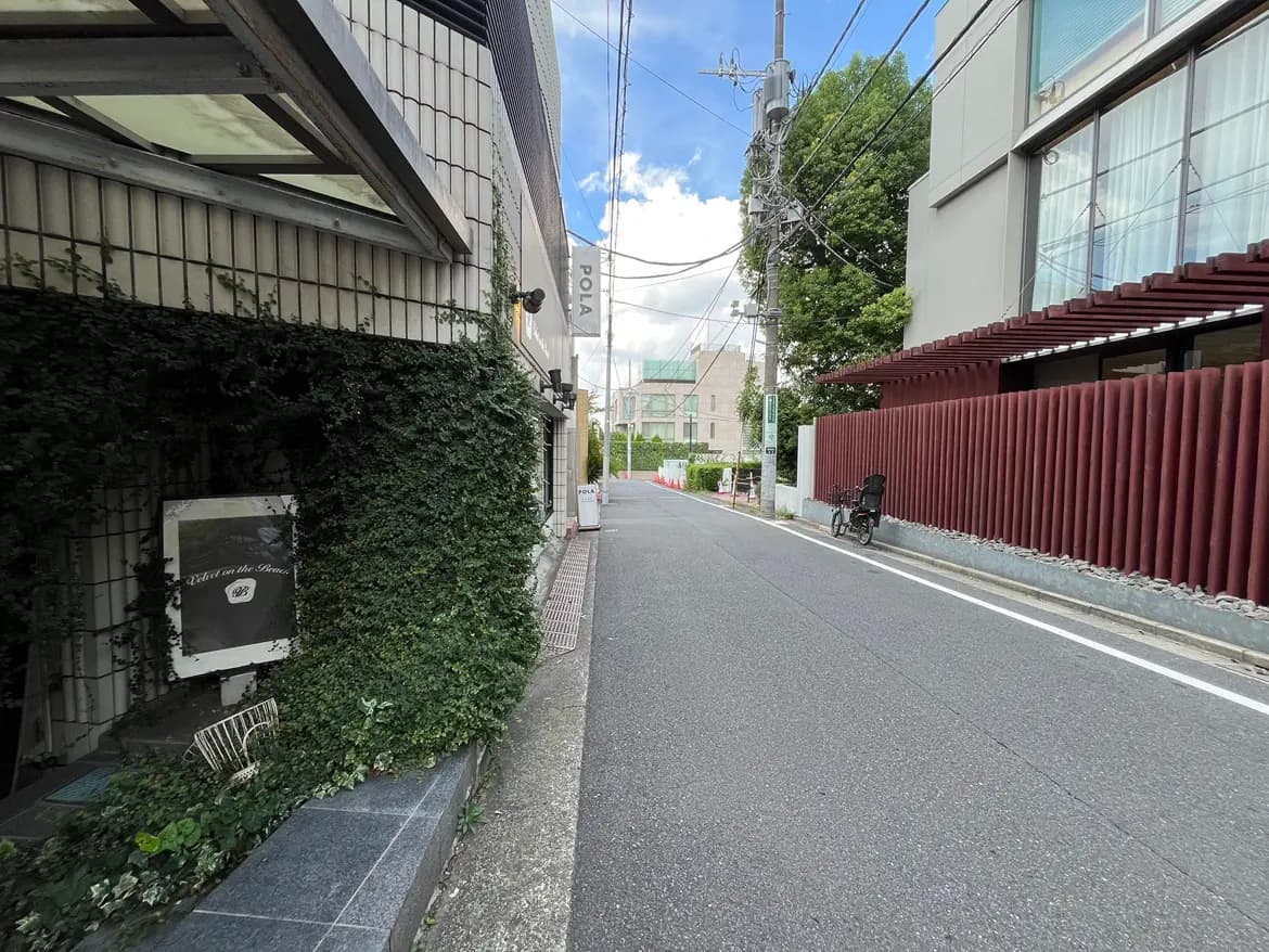 - 緑の蔦で覆われた建物の前景、舗装された道と青空、電柱や自転車が見える街並みの風景
