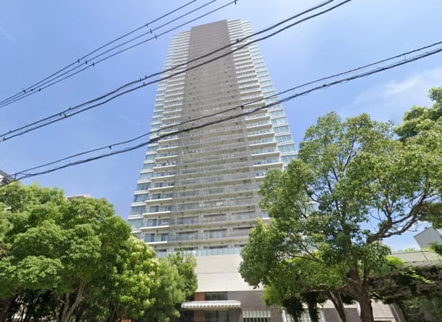 高層ビルの外観、街路樹に囲まれたモダンなマンション、青空と電線が写り込む都市の景観