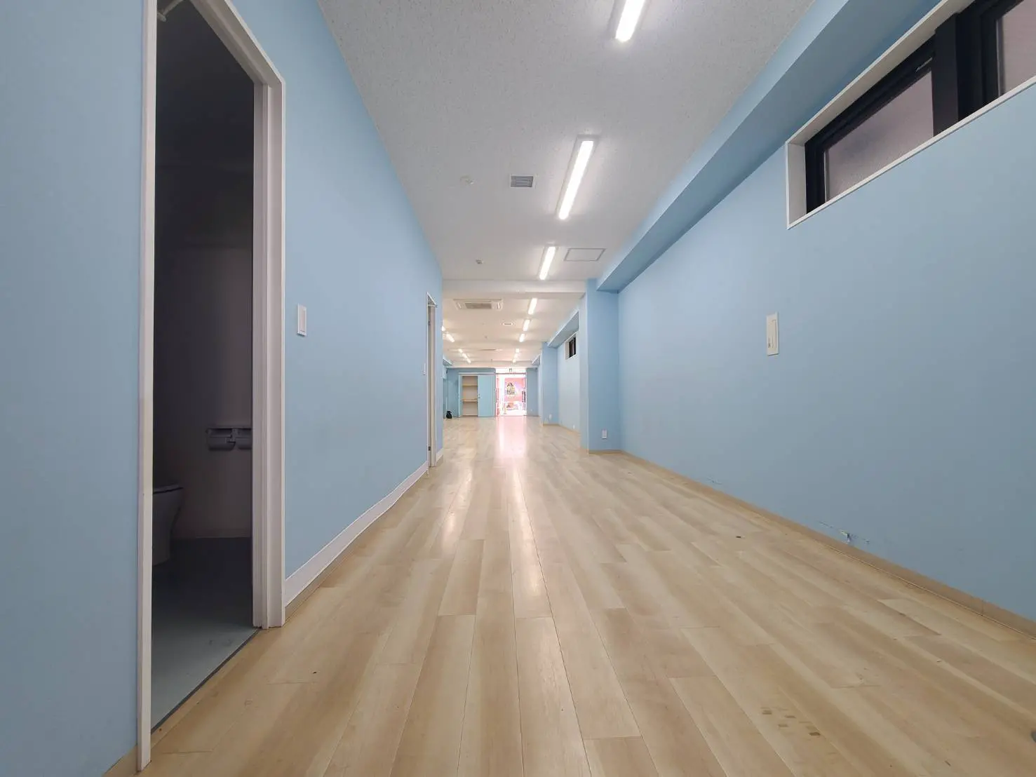 - 明るい青い壁と木製のフローリングが特徴的な廊下、天井にはLED照明が設置され、大きな窓から自然光が差し込むインテリア