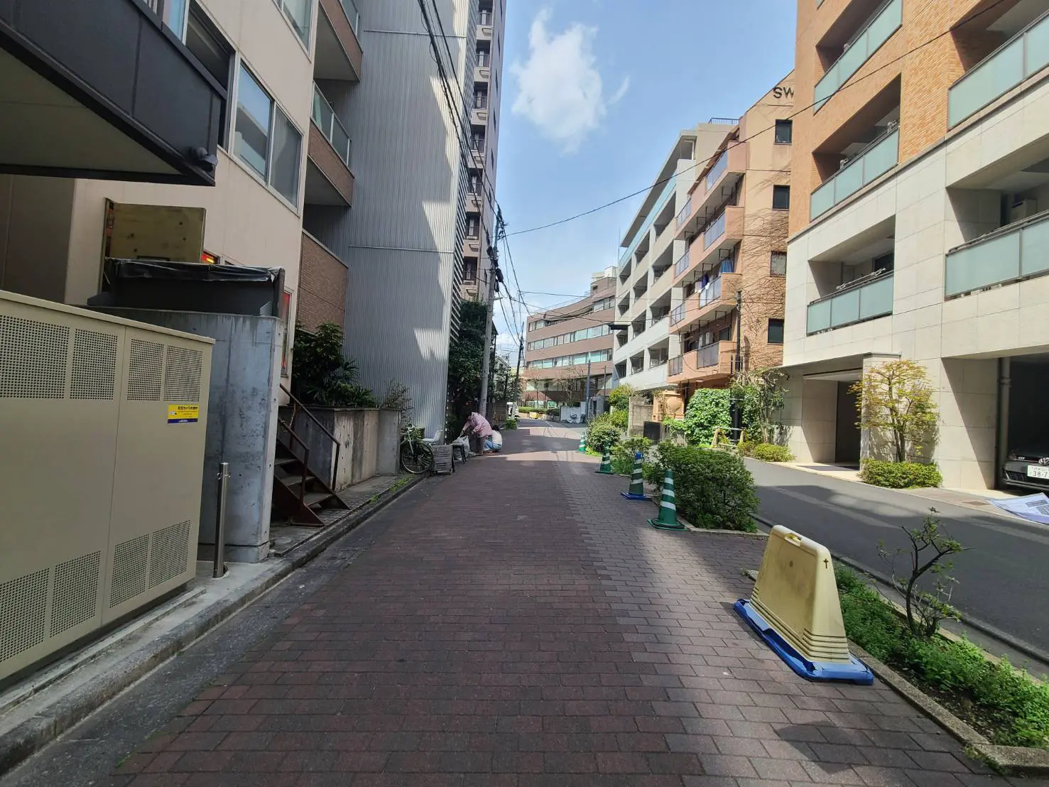 - 近代的なマンションが並ぶ静かな道路、整備された歩道と緑の植栽、晴れた空の下の風景