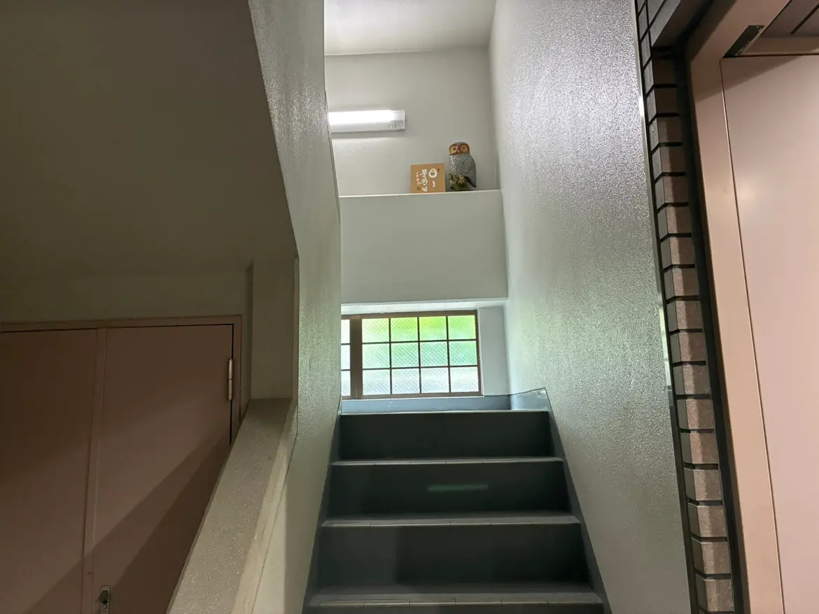 - 自然光が差し込む明るい階段、白い壁に囲まれたシンプルなデザイン、上に飾られたフクロウのオブジェとピンクの扉の存在がある風景