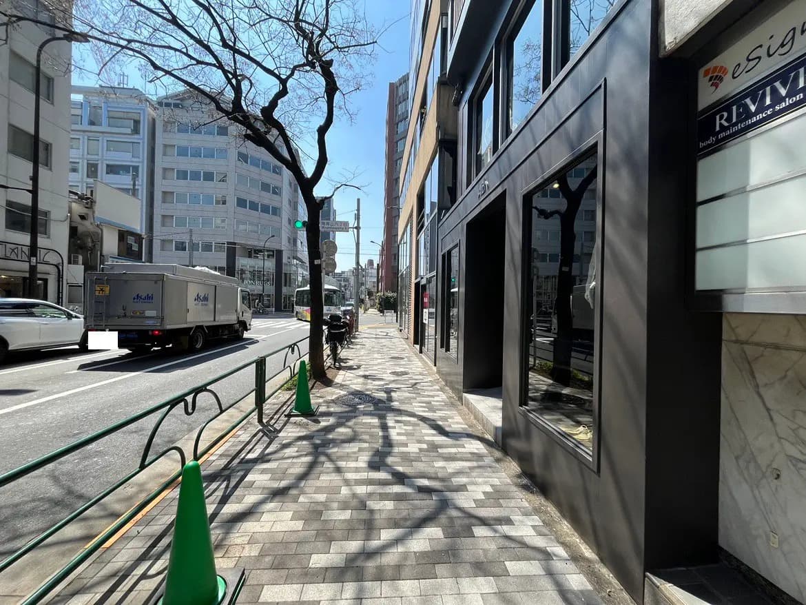 晴れた日の都市風景、歩道と建物、青空と裸木