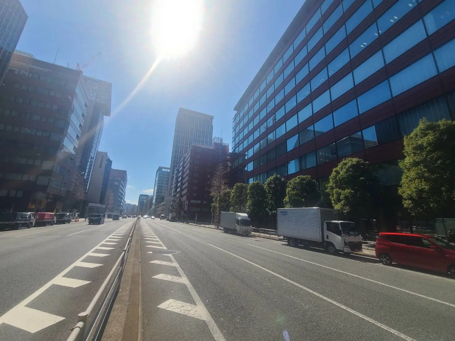 日差しが明るい都市の景観、ビル並みと青空、街路樹が並ぶ道路
