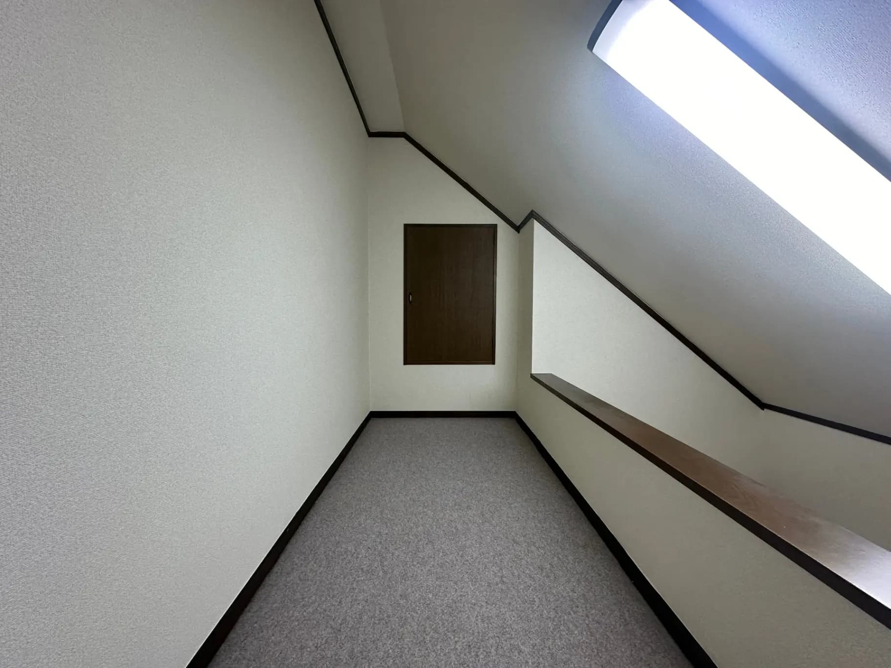 シンプルなデザインの屋根裏部屋、天窓から自然光が差し込むインテリア