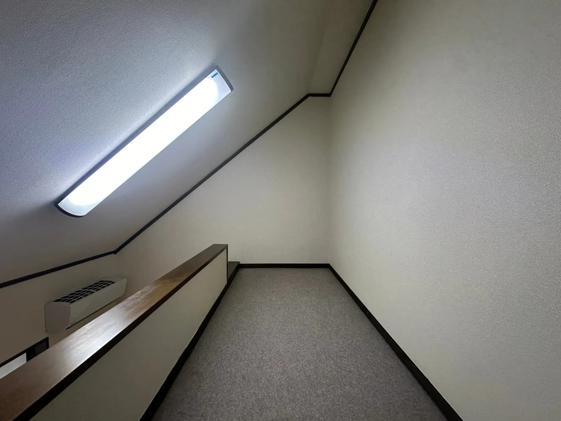 シンプルでモダンな屋根裏部屋、白壁とグレーのカーペット、天窓からの自然光