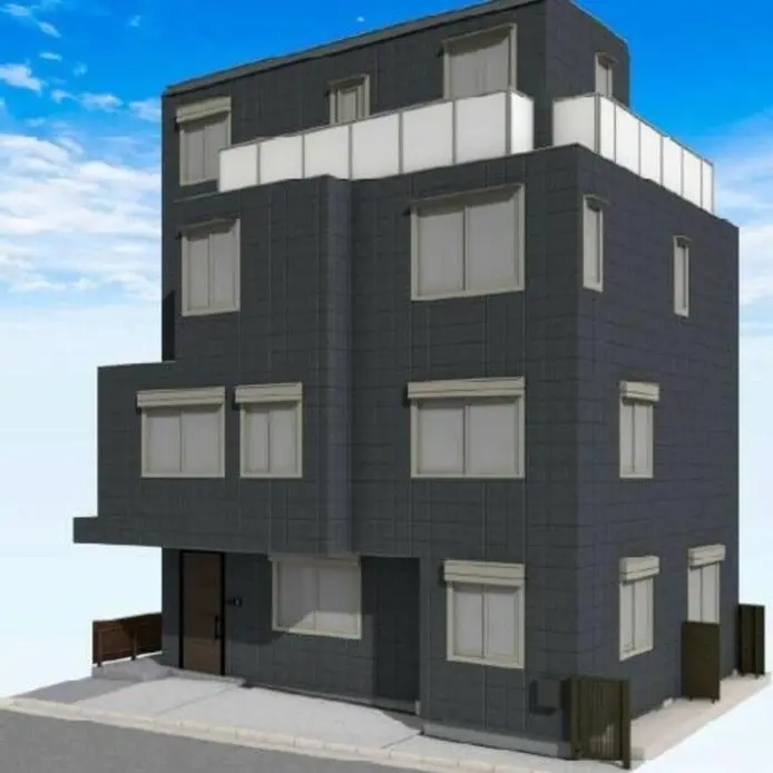 現代的な外観の黒いマンション、青空と雲が映えるクリアな日に撮影