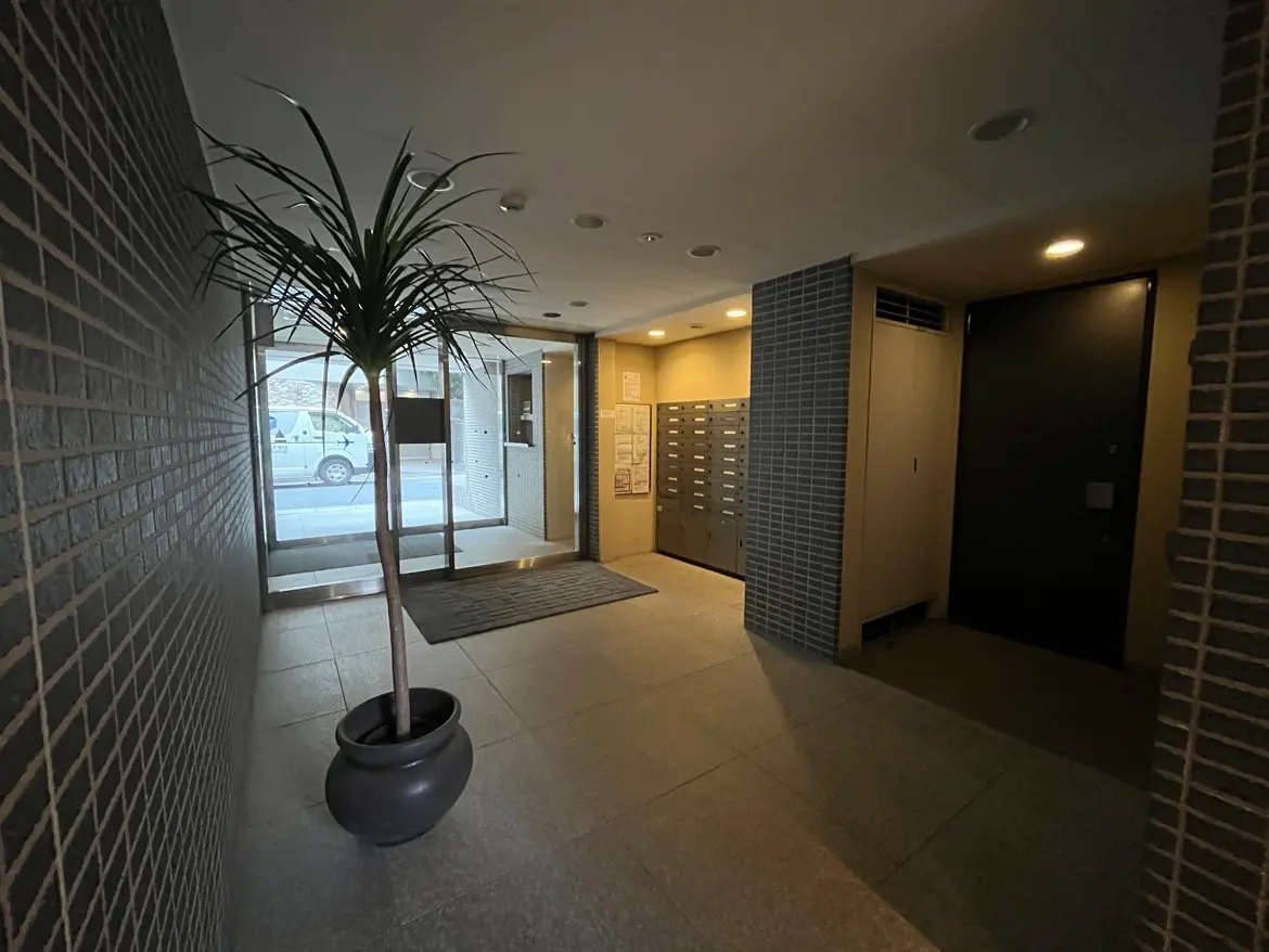 - シンプルなデザインのマンションエントランス、観葉植物が置かれたロビー、郵便ボックスと明るい照明が特徴の内部空間