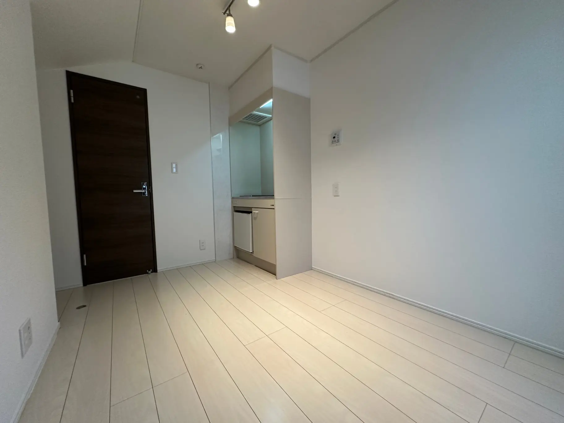 シンプルで広々とした白い壁と木目調フローリングのモダンな空間、入り口のドアとキッチンカウンターが見えるインテリア