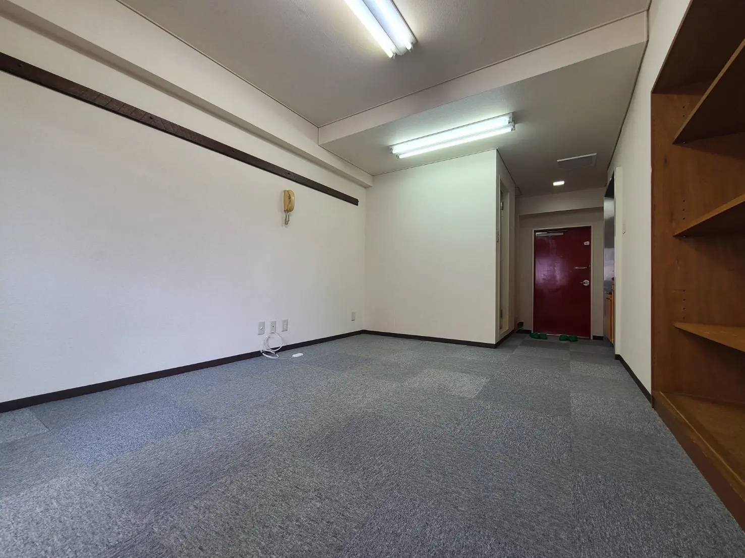 シンプルなデザインの空き部屋、グレーのカーペット、白い壁、蛍光灯の照明