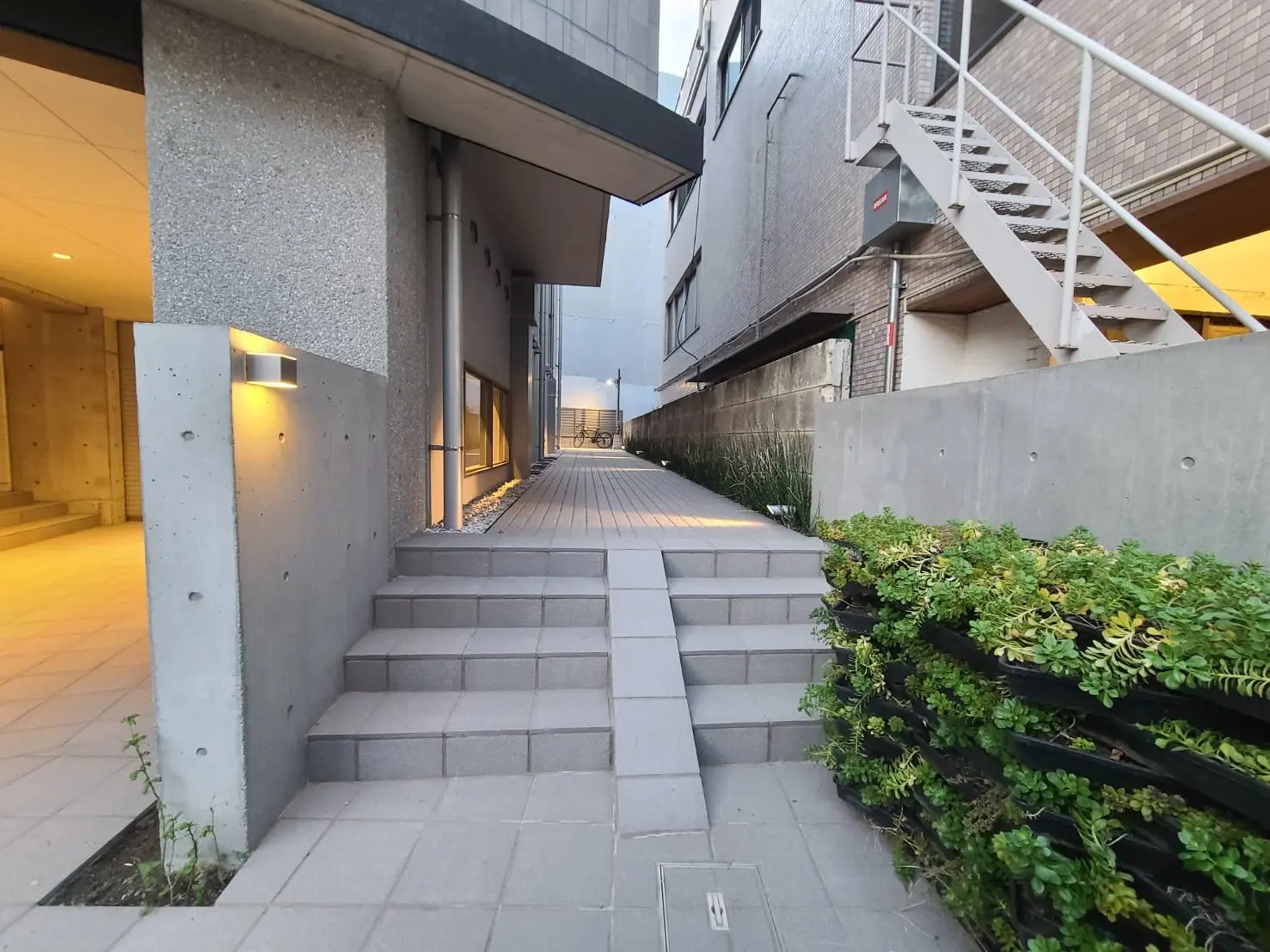 現代的な建築デザインの縦長通路、コンクリート壁と階段、壁面緑化装飾が特徴的なエントランス
