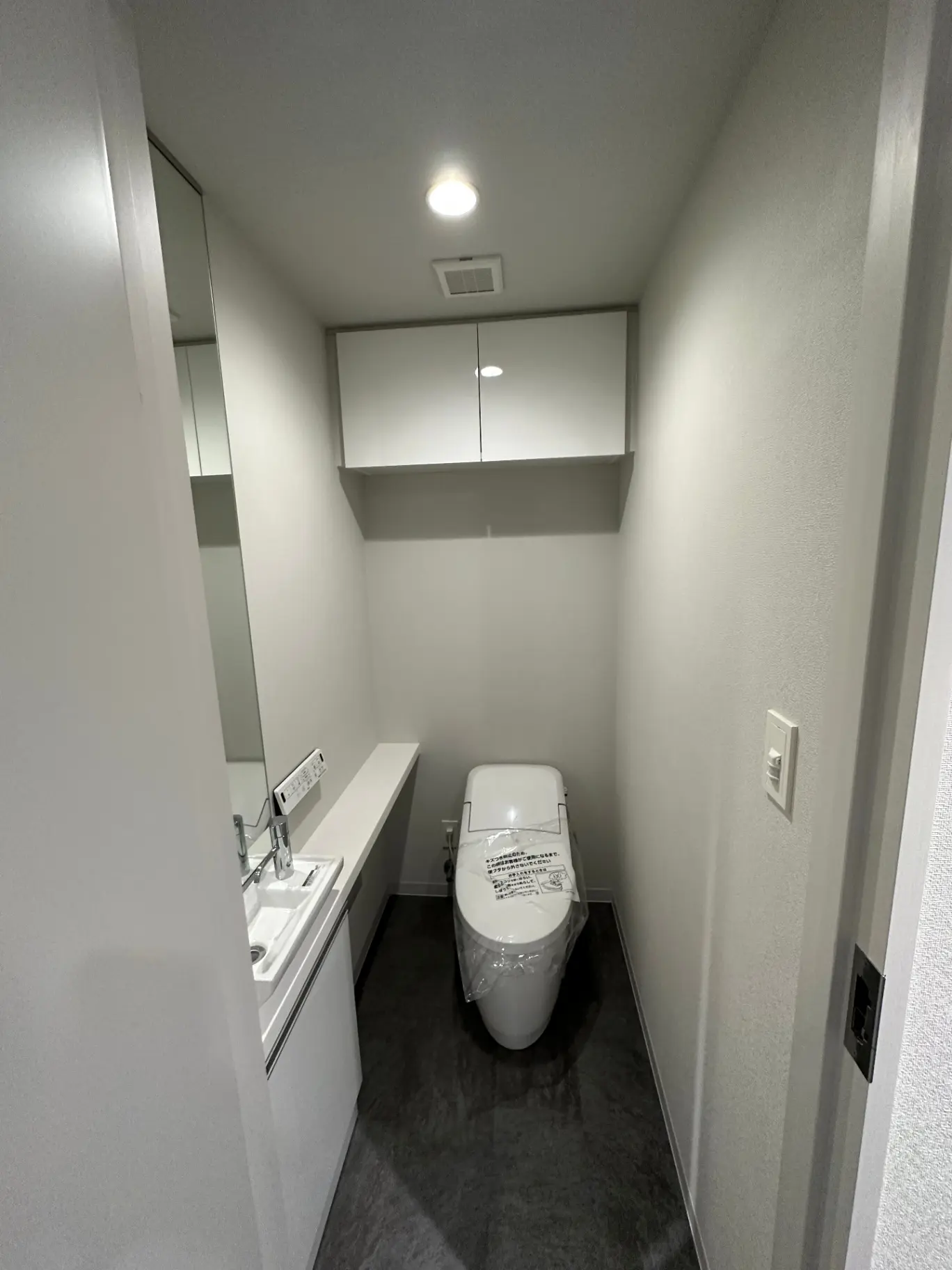 シンプルでモダンなトイレルーム、白い壁とダークグレイの床、シンクと棚付き