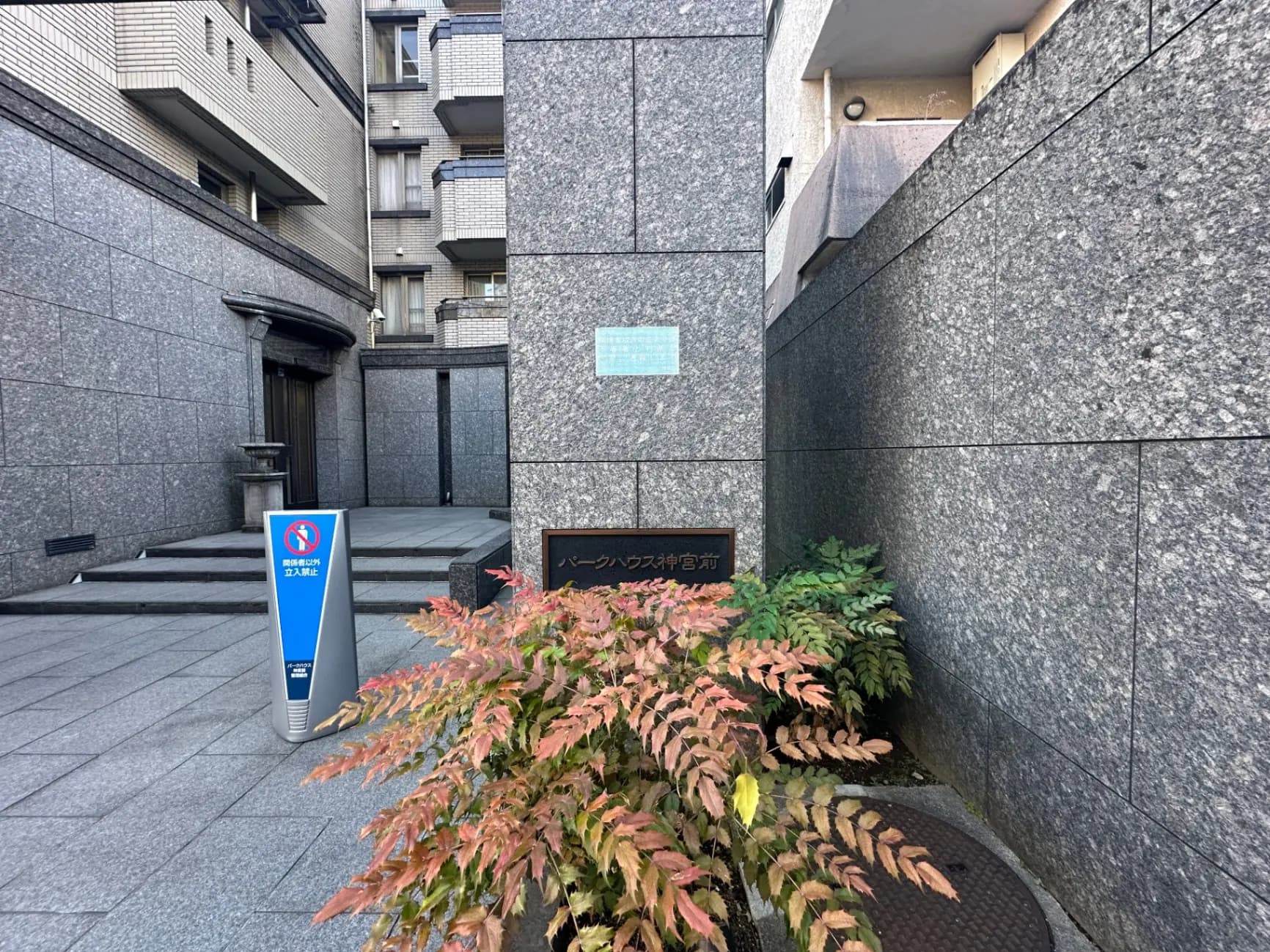 都会的なビルの中庭、石造りの壁と階段、禁煙標識の設置、秋色の植物の装飾