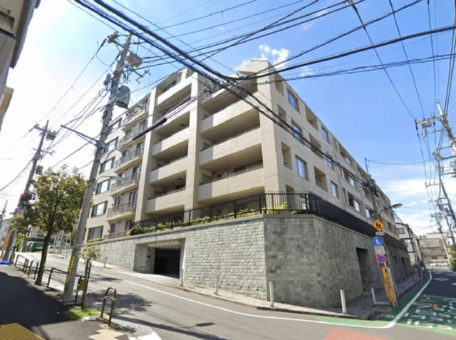 - 外観が見えるマンション、周囲には電柱や電線があり、緑豊かな植栽が施されたテラスと道路の近くの景観