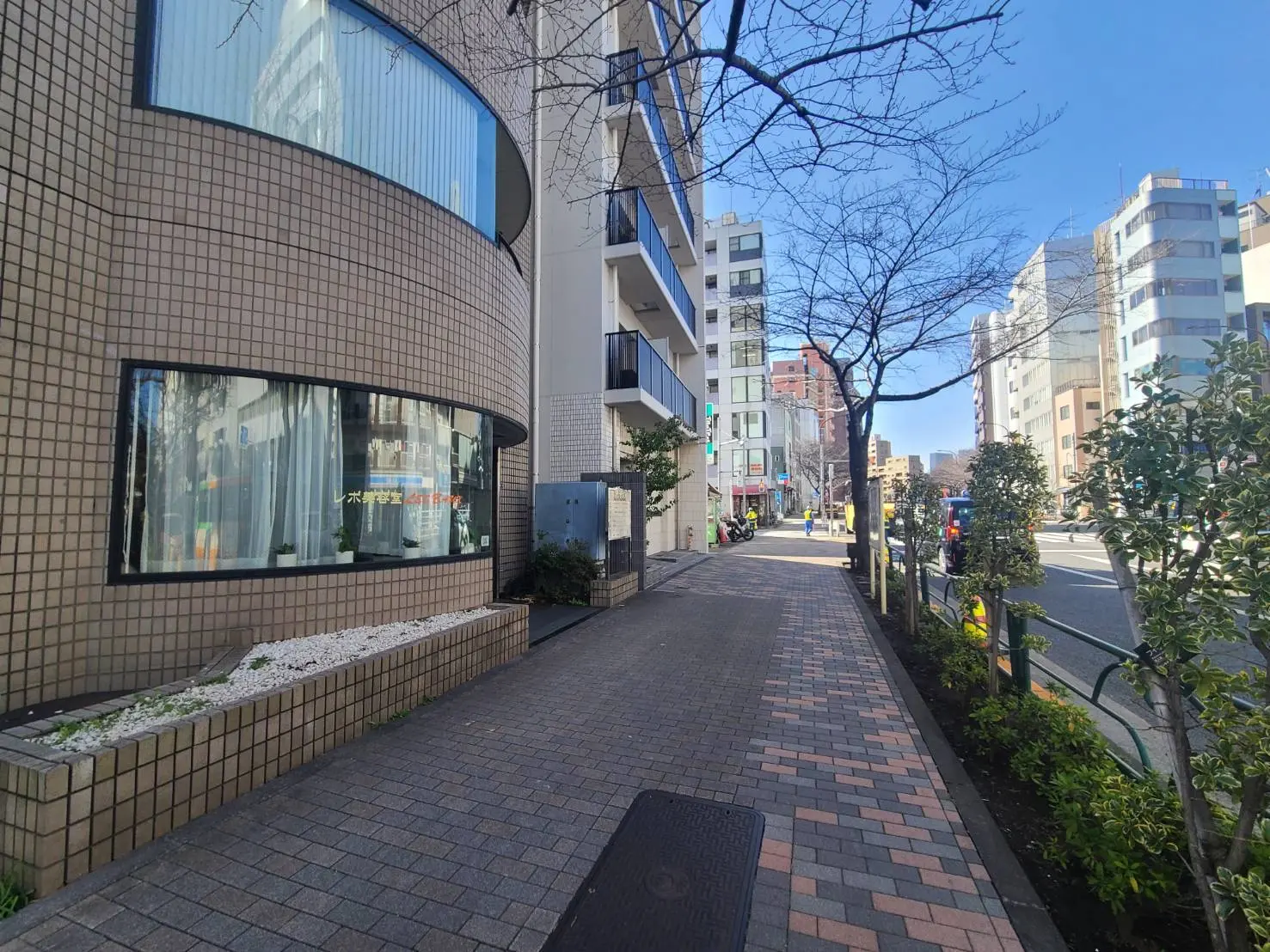 都会の歩道沿いのモダンなビル、レンガの舗道、緑の植物が並ぶ景観