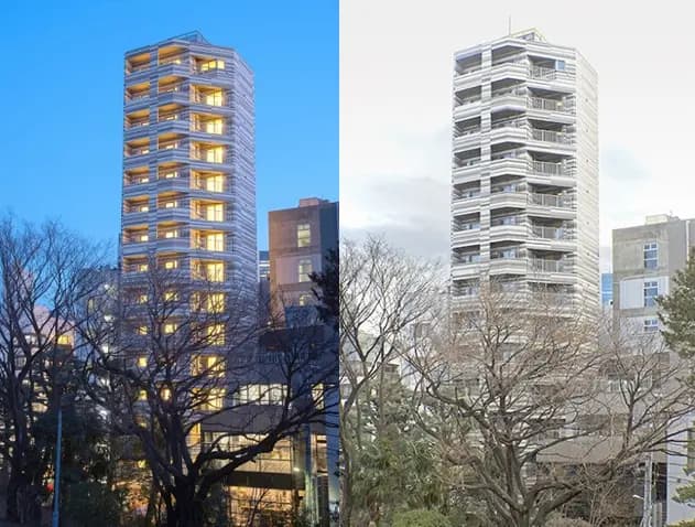 - 夜間と昼間の2つの視点から見た近代的な高層ビル、周囲の樹木と市街地の風景が広がる