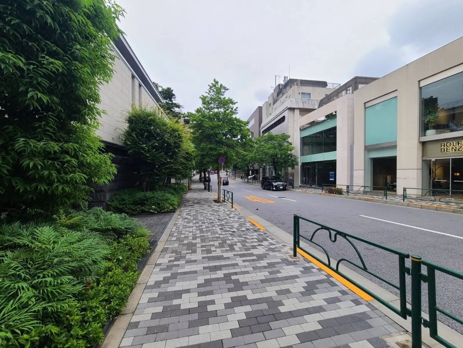 都会的な通りの風景、歩道には緑豊かな植栽、高級ブランド店舗の看板が見える