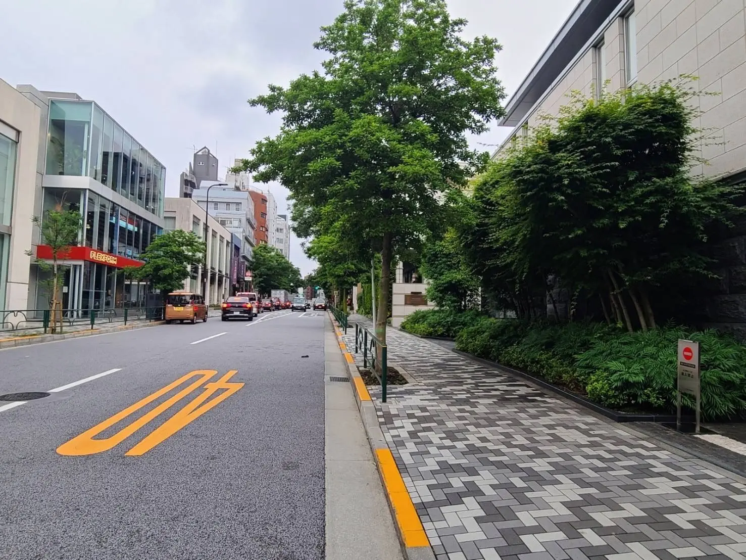 都市の道路と歩道、緑豊かな植栽、モダンな建物のファサードと商業店舗