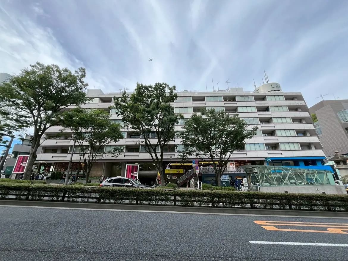 - 緑豊かな街路樹と共に見える現代的な建物、店舗が並ぶファサードと空に浮かぶ飛行機