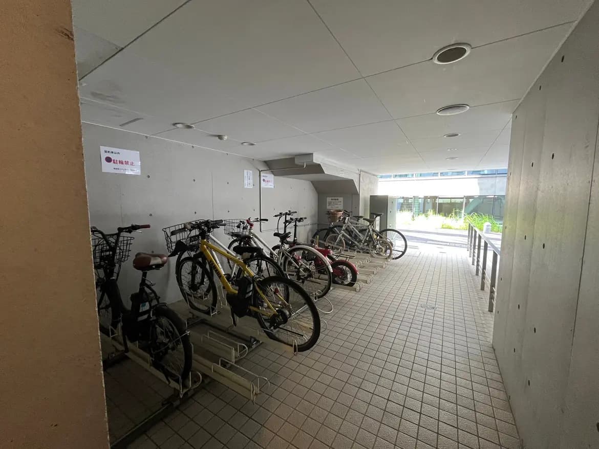 - 自転車専用の駐輪場、様々な自転車が整然と並び、明るい光が差し込む空間