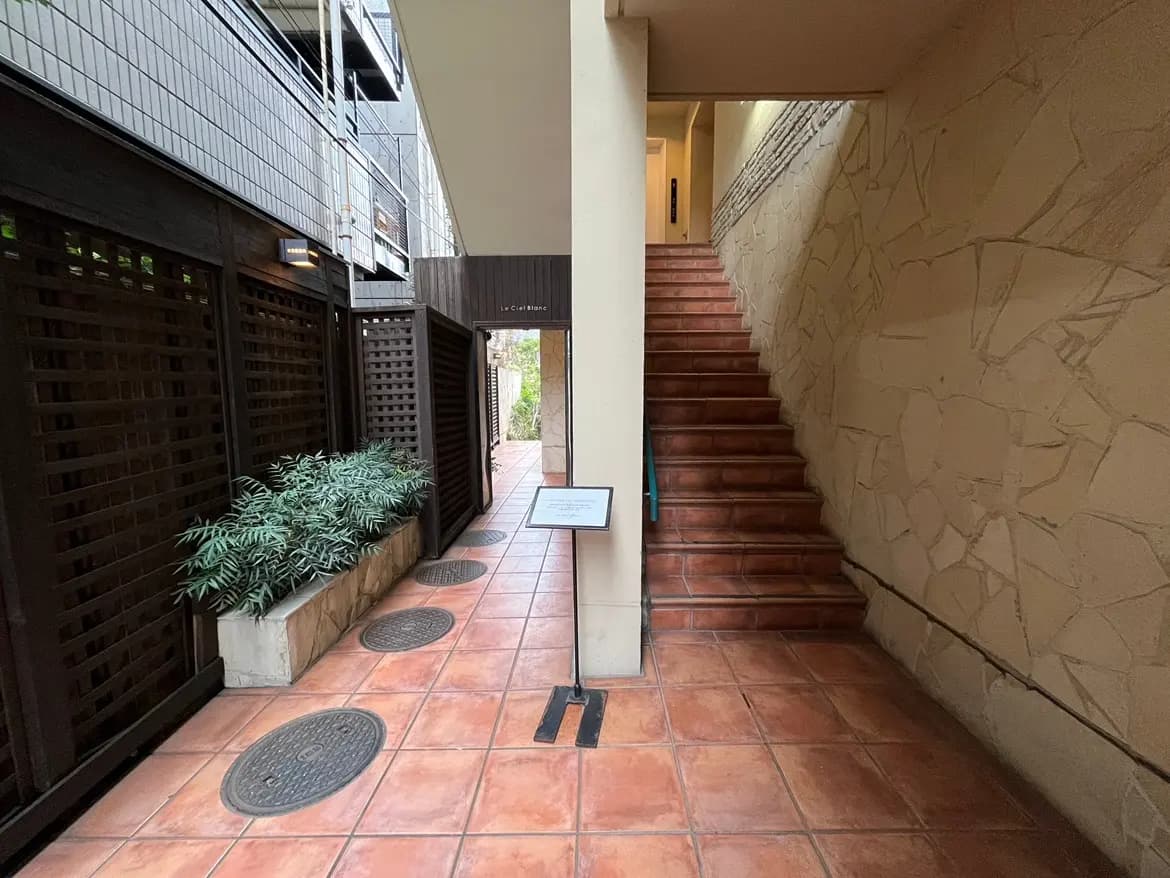 - 階段とタイル張りの通路、隣に植栽があり、シンプルで落ち着いた雰囲気のエントランスエリア