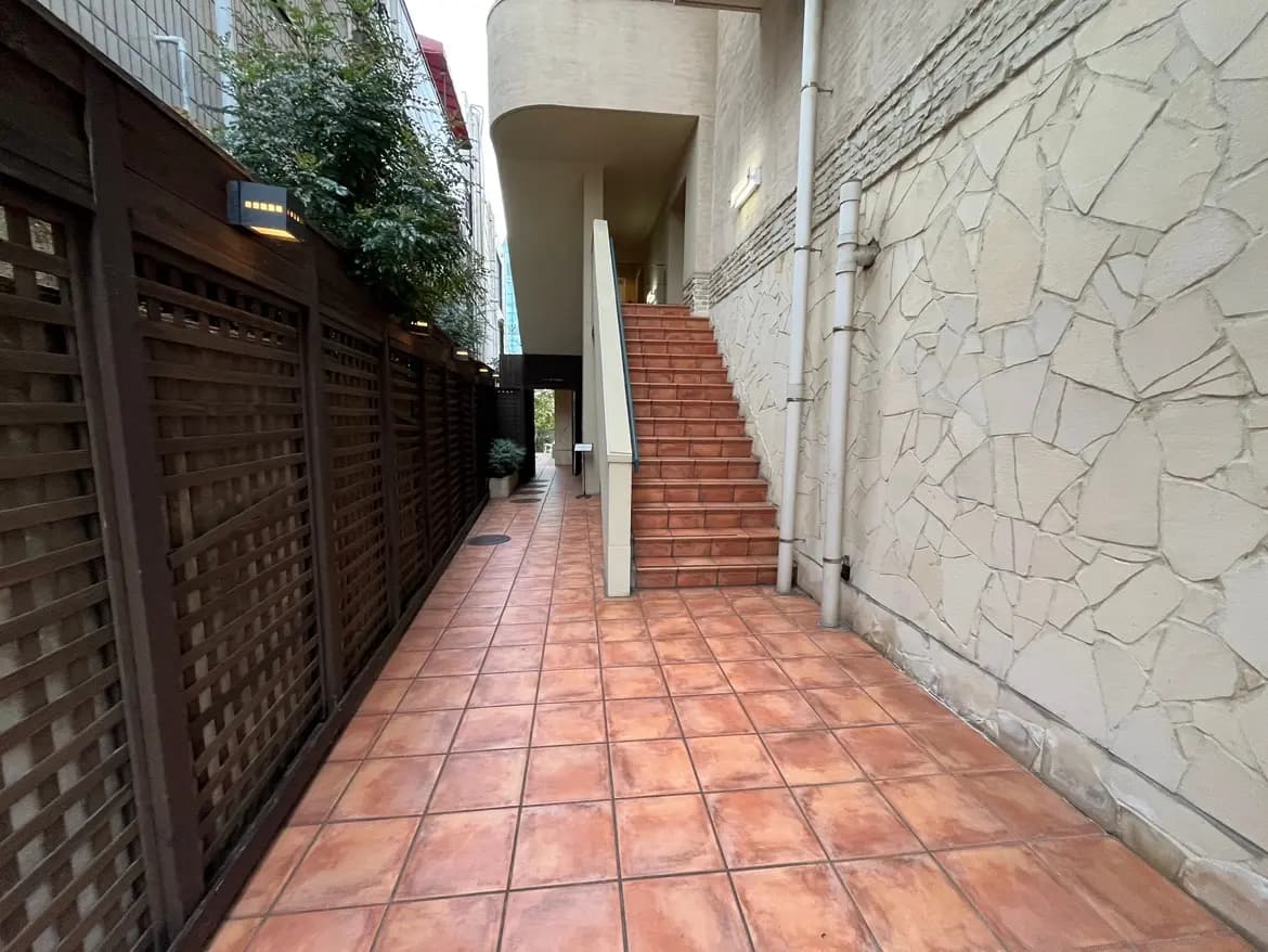 - 明るいタイルの通路と階段、壁には軽快なデザインの仕切りがあり、緑の植栽がアクセントになったエントランスの風景