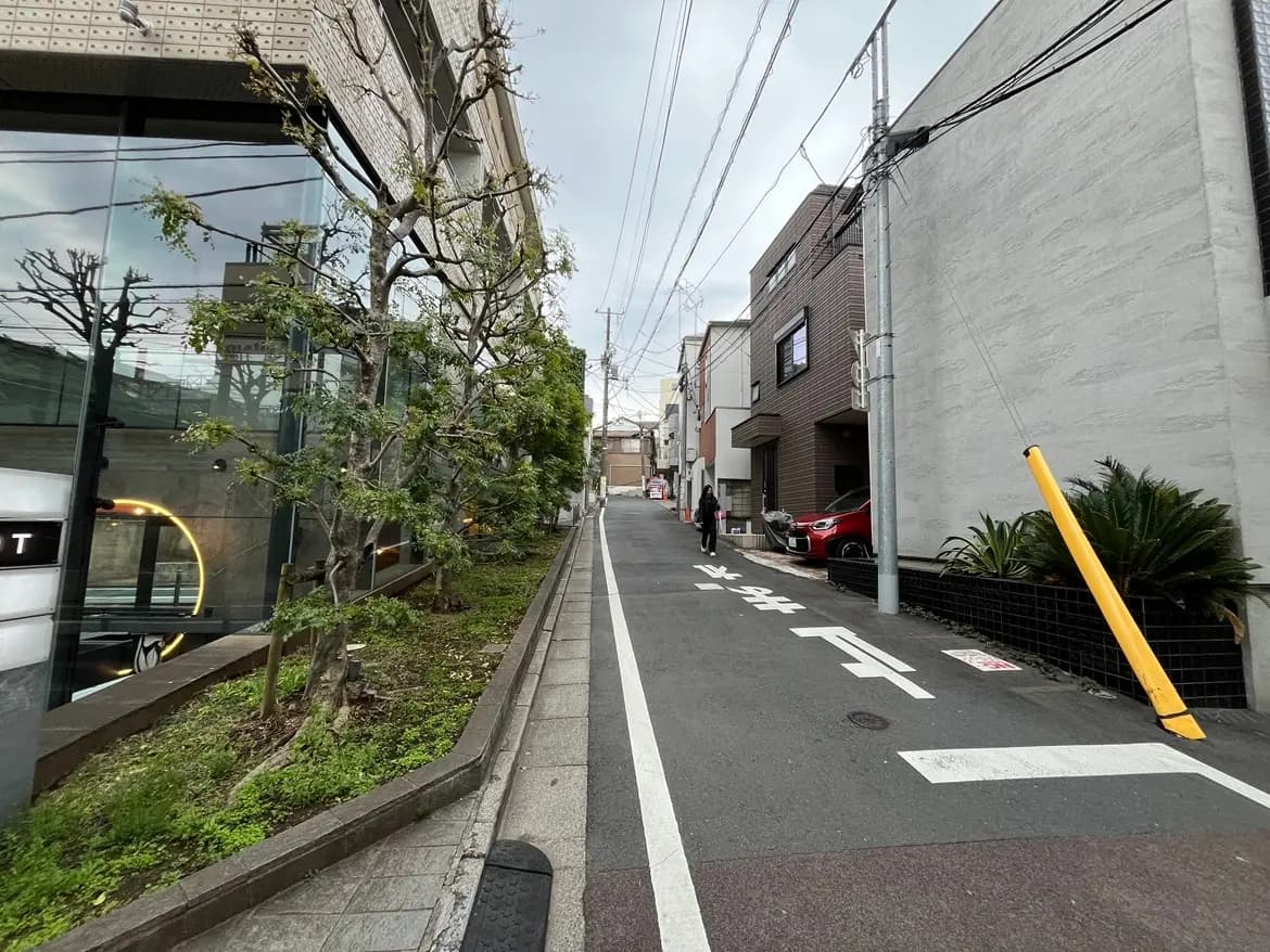 - 沿道に緑の木々が並ぶ静かな住宅街の風景、舗装された道路と周囲の建物が見える様子