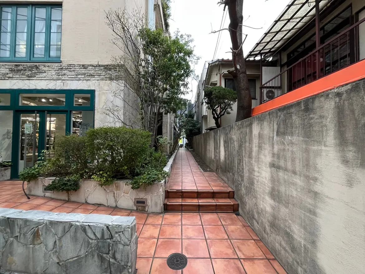 - 緑豊かな歩道とテラコッタタイルの通路、商業施設の入口と隣接する住宅、静かな住宅地の風景