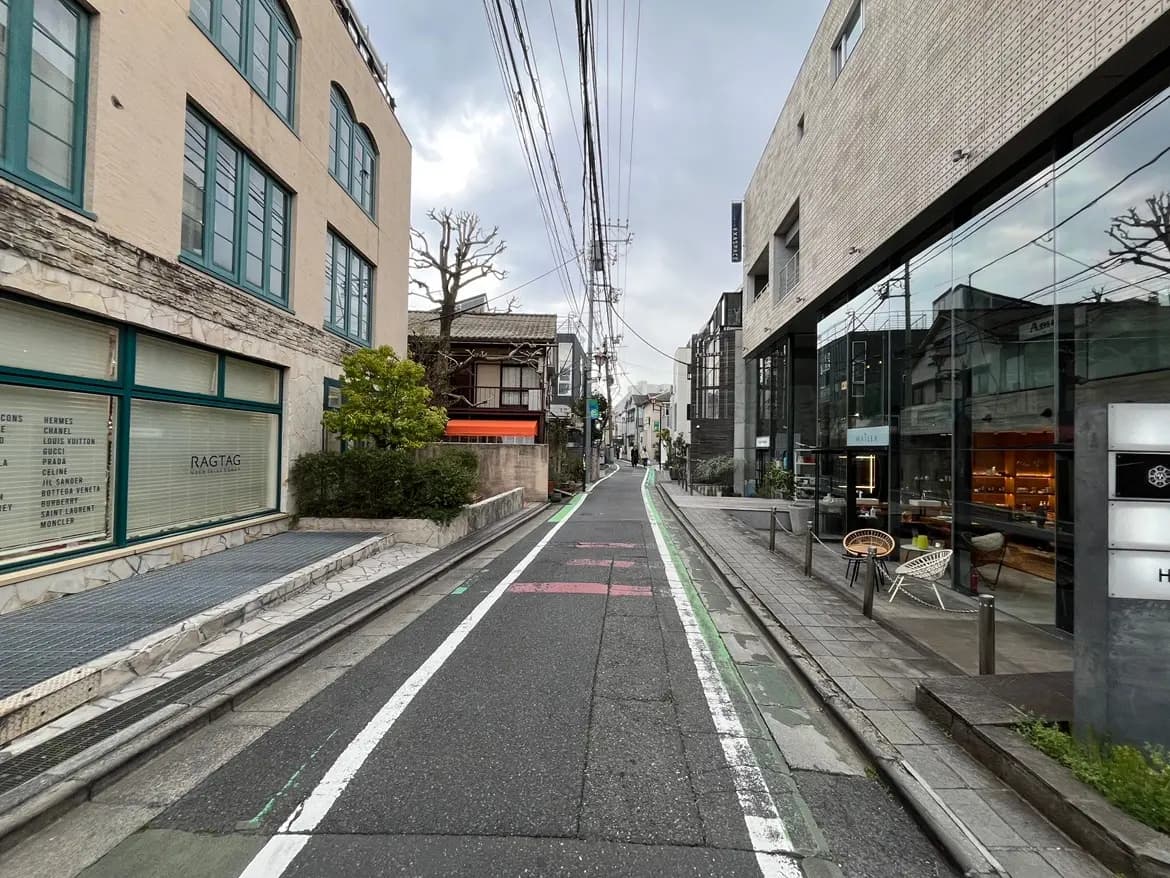 - 静かな街並みとおしゃれな店舗が連なる通り、ガラス張りの建物や緑の植栽が印象的な風景