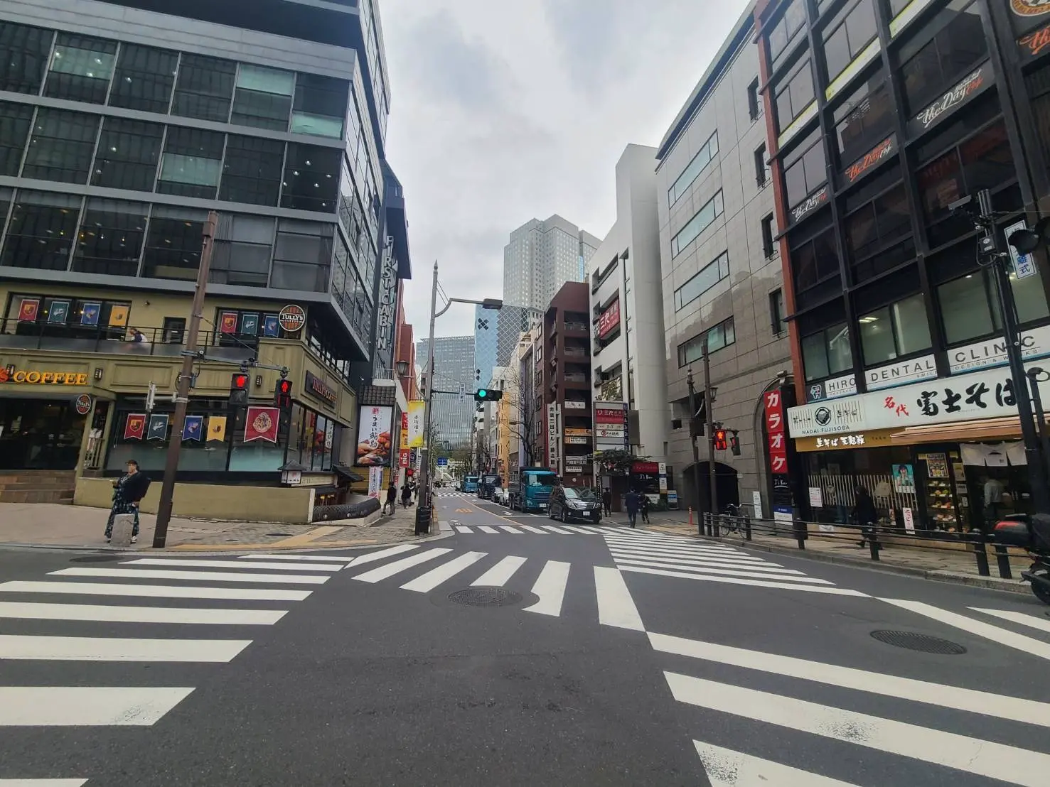 - 都市の交差点、店舗が立ち並ぶ街並み、信号機と横断歩道が見える風景
