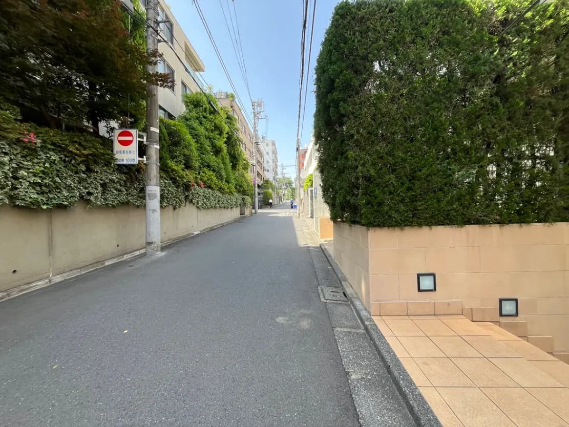 - 緑豊かな植栽とプライバシーが保たれた住宅街の狭い道路、青空が広がる清々しい風景