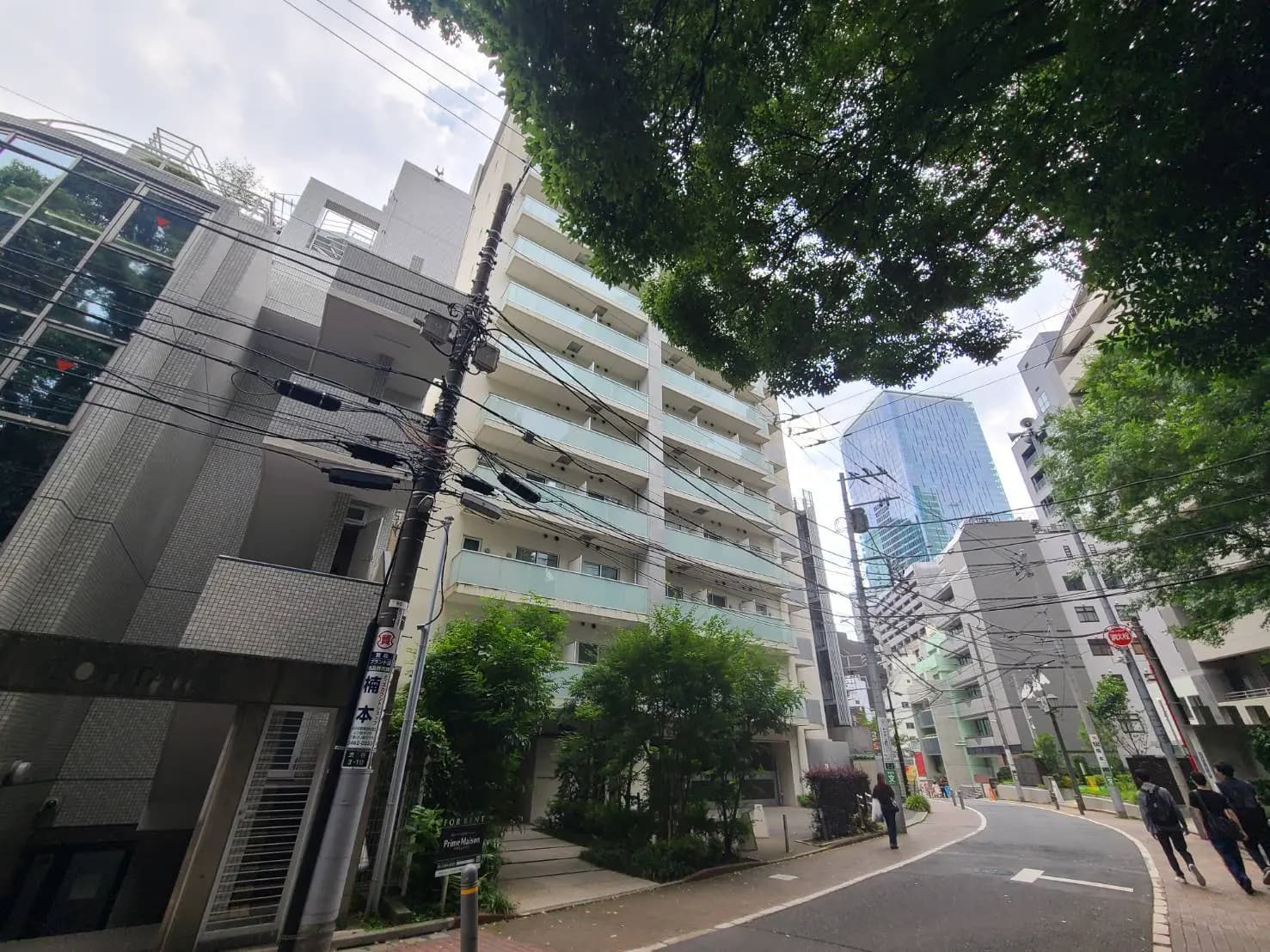 - 都市の景観に溶け込む高層ビルと中層マンション、街路に沿った緑豊かな樹木と電線がある風景