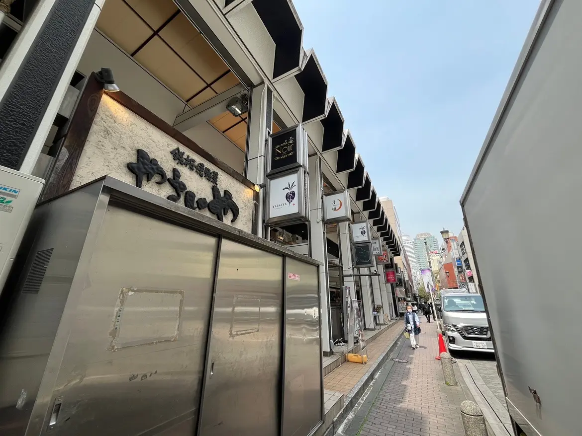 - 商業施設の前に並ぶ飲食店の看板と歩道、通行人が行き交う繁華街の様子