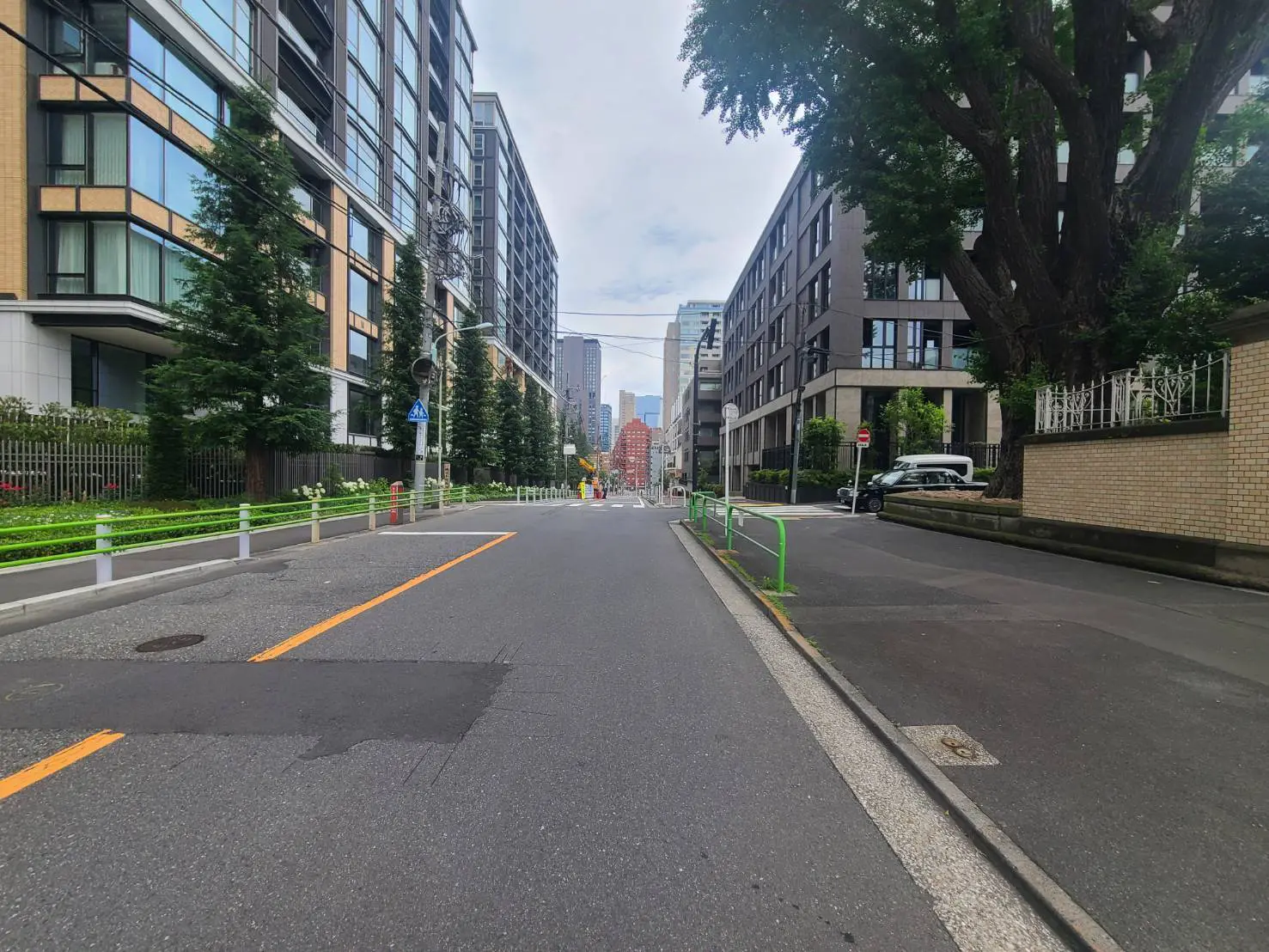 現代的なマンションが立ち並ぶ通り、緑の樹木と整備された歩道が特徴の風景、遠方に都市のビルが見える東京の街並み
