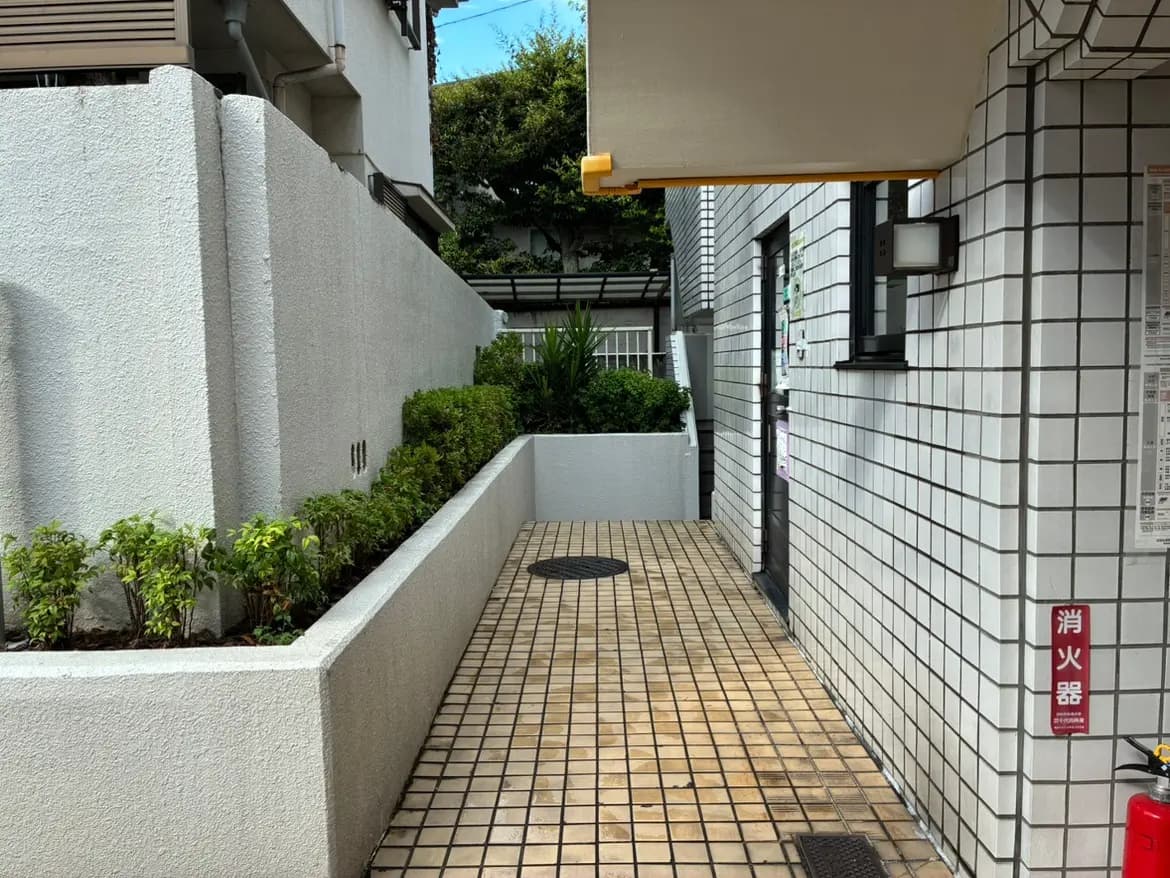 - 白い壁とタイルの歩道が続くアパートのエントランス付近、緑の植栽と明るい日差しが感じられる風景