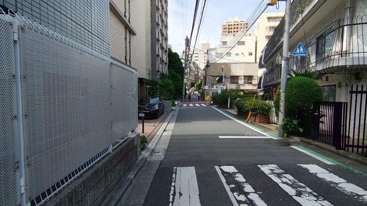 - 都市の住宅街を見渡す風景、舗装された道路に横断歩道と街灯、左手には白いフェンスと緑の植栽がある静かな通り