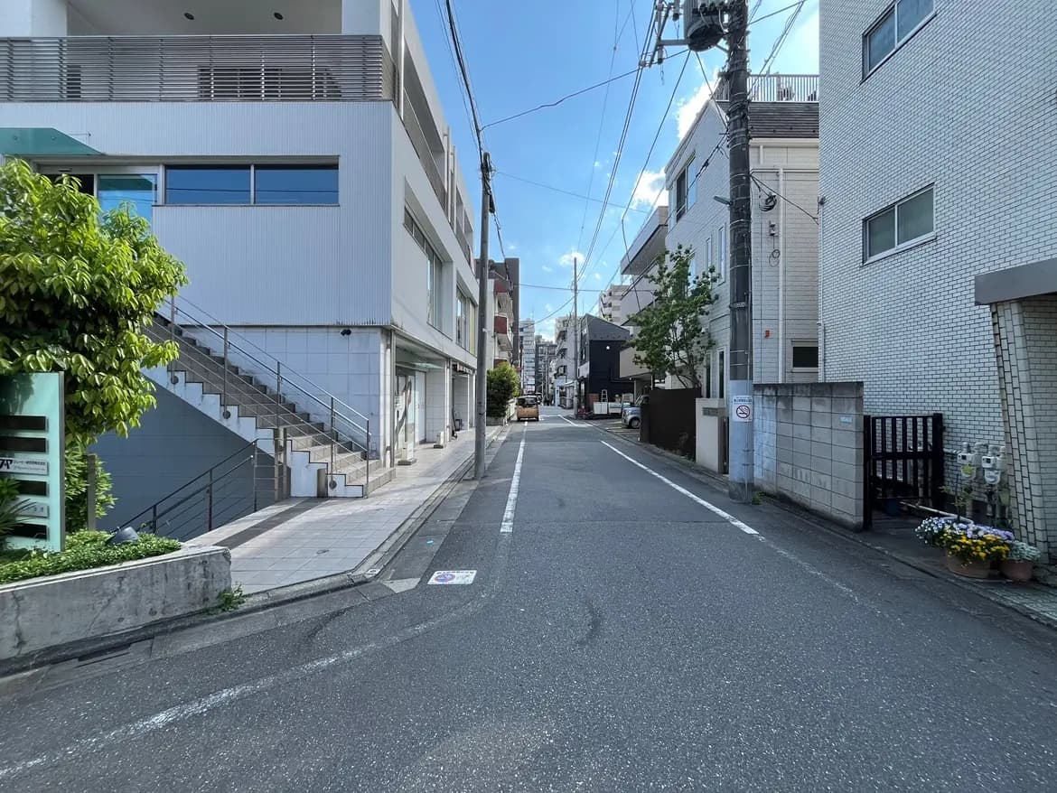 - 住宅街の風景、白い建物と緑の植栽、整備された歩道と静かな通りの様子