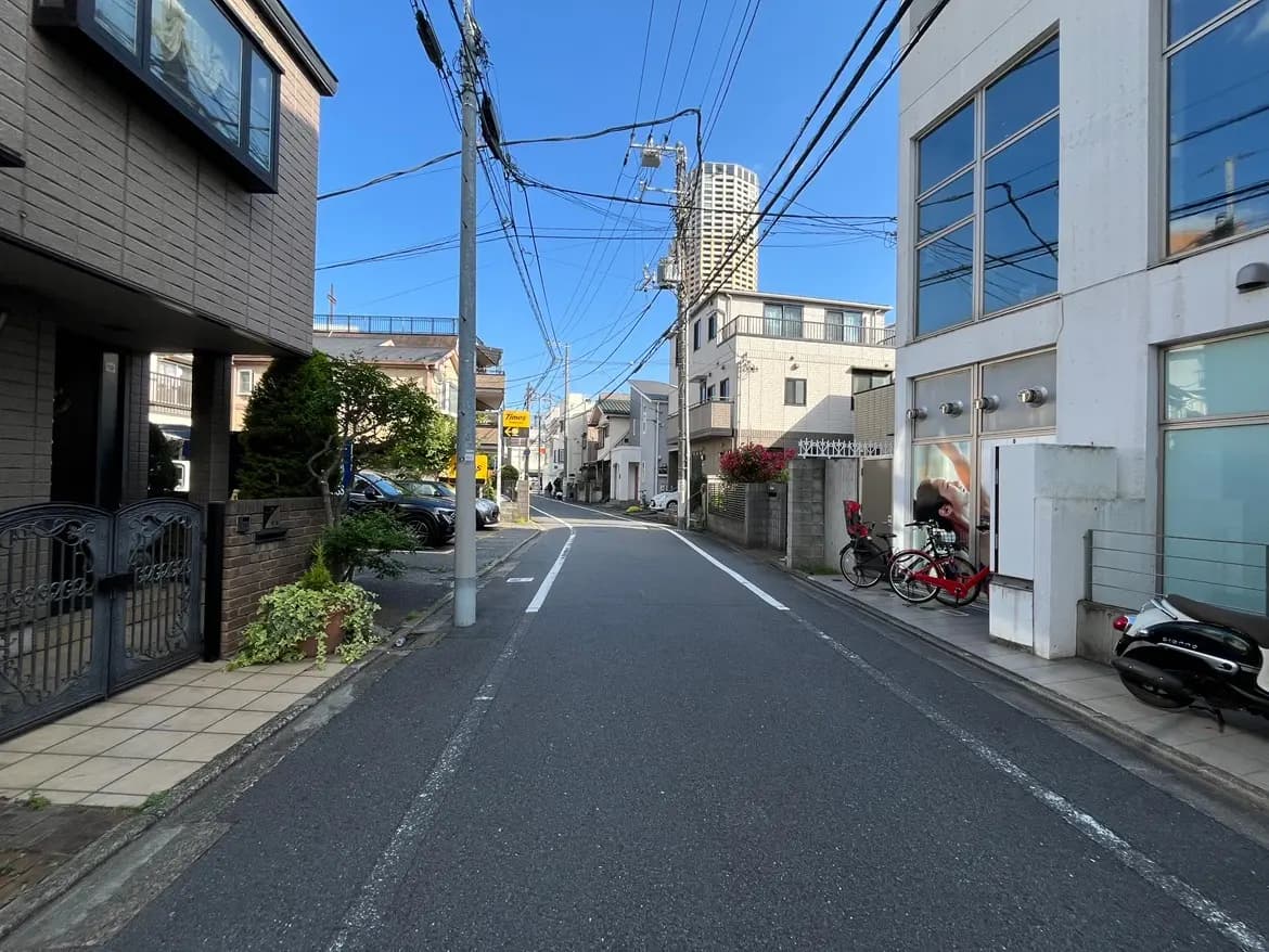 - 住宅街の静かな通り、両側に並ぶ住宅と植え込み、青空が広がる風景