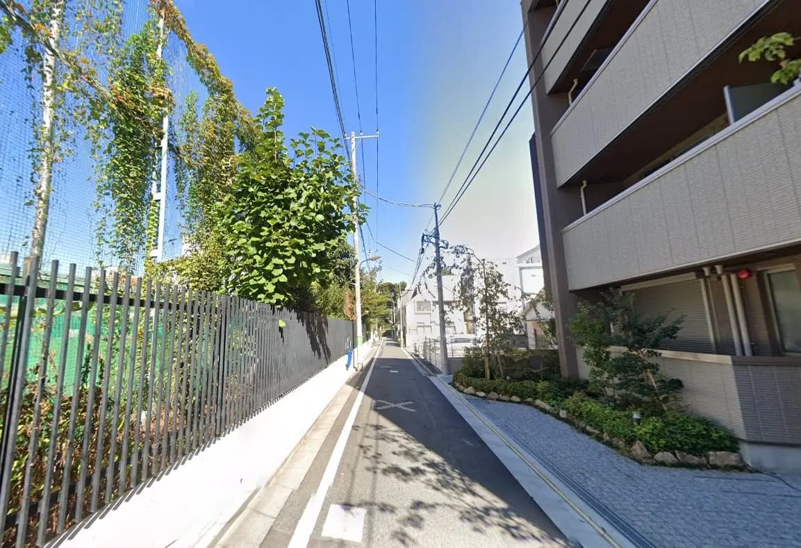 - 緑豊かな街の小道、左側にはフェンスと生い茂る植物、右側には低層の建物と石畳の歩道が続く風景