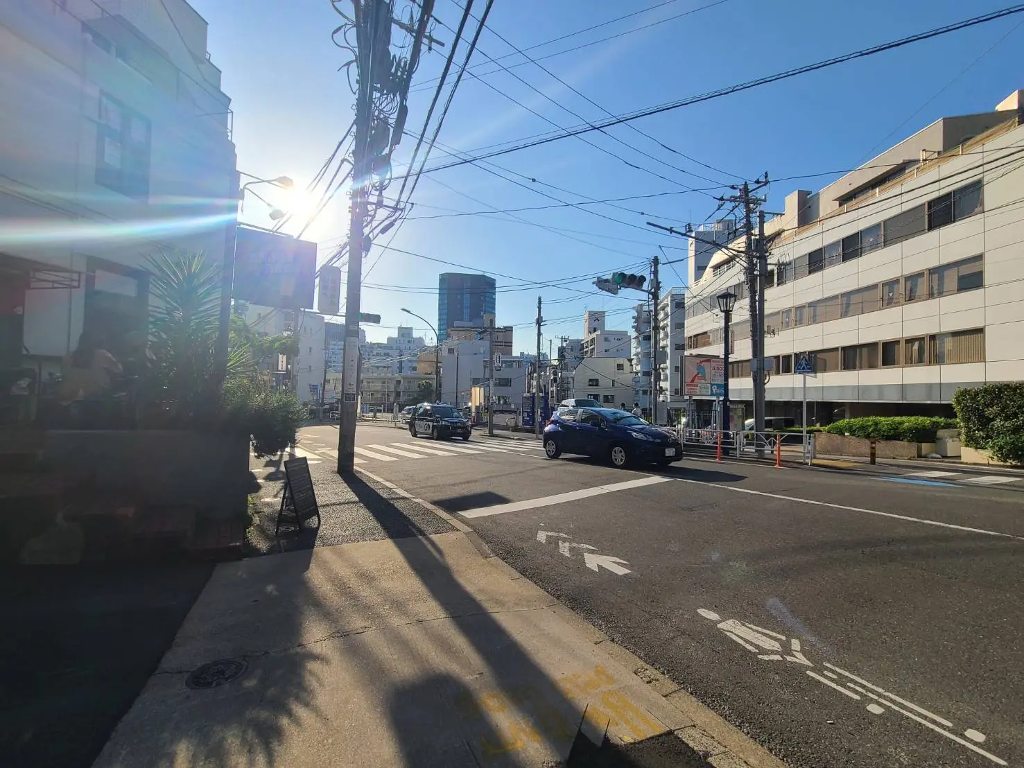 - 明るい日差しが差し込む都会の交差点、手前に横断歩道と車道、周囲にビルや電柱が立ち並ぶ風景