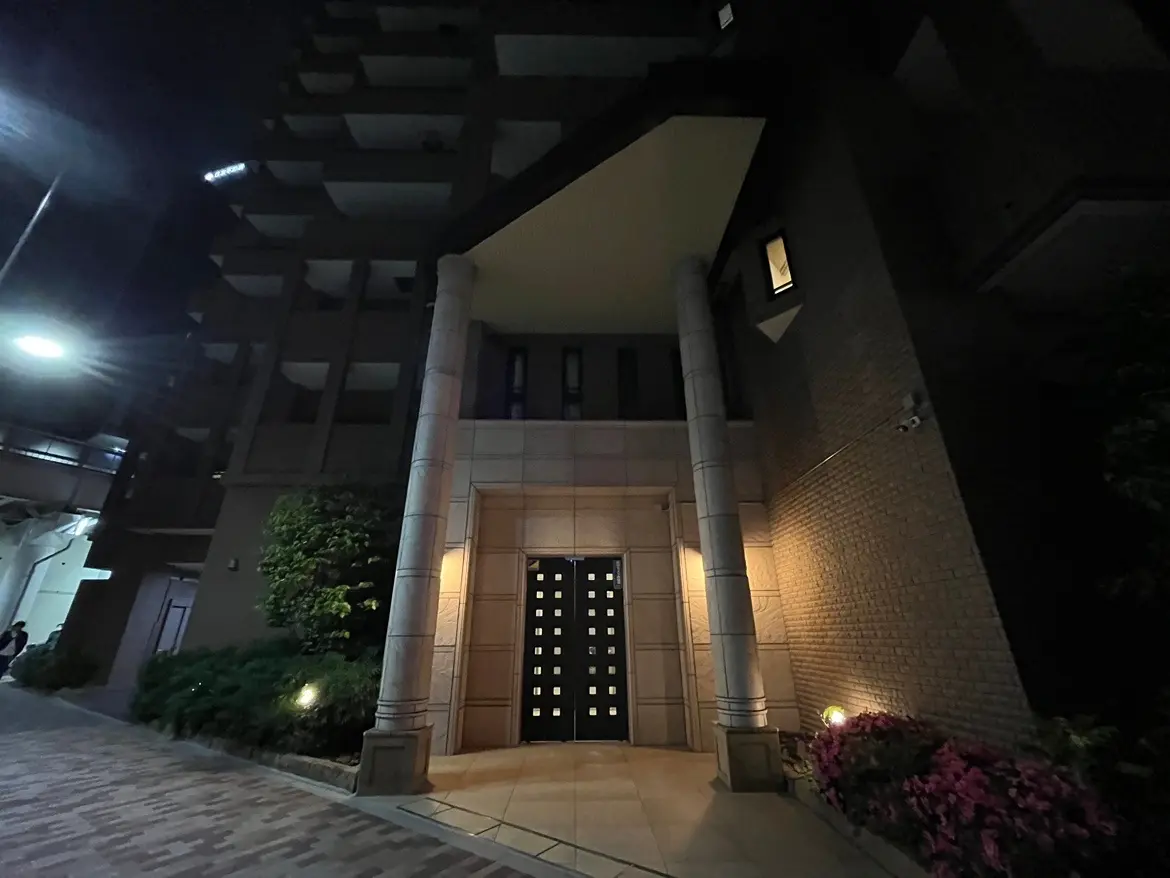 - 夜間に照明が点灯したエレガントな建物のエントランス、シンメトリーなデザインと美しい植栽が特徴的な外観