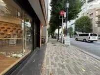 - 道沿いの店舗の外観、整然としたタイル舗装の歩道、周囲に並ぶ緑の木々と信号機、街中の風景