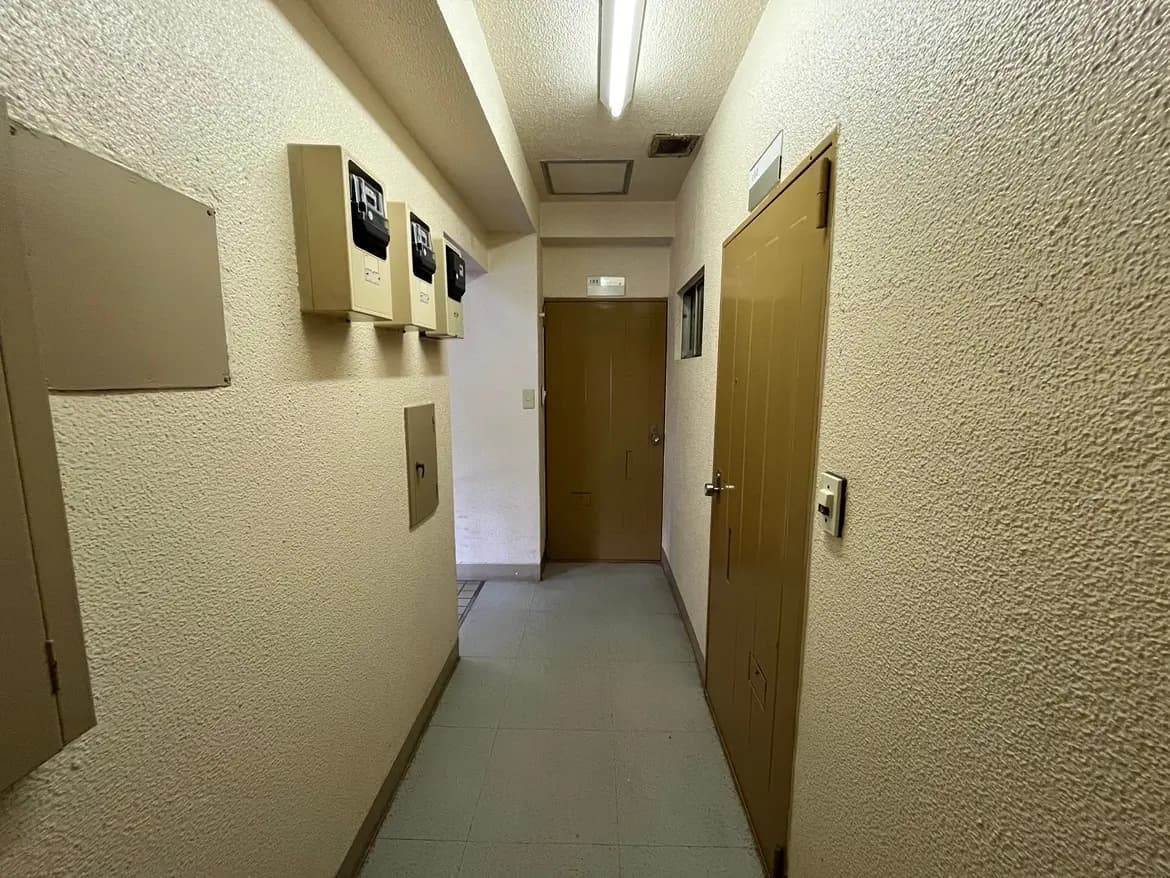 - 明るい照明の下、シンプルなデザインの廊下、電気メーターが取り付けられた壁と向こう側のドアが見えるインテリア