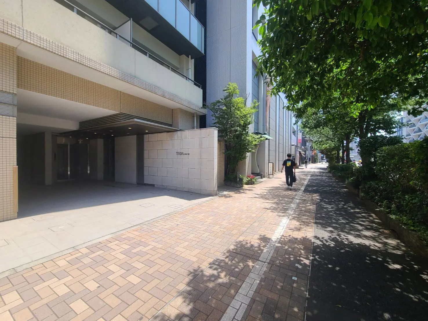 - 明るい日差しが差し込む街路、緑豊かな木々に囲まれたエントランスのあるマンション、歩行者が通りを歩いている風景