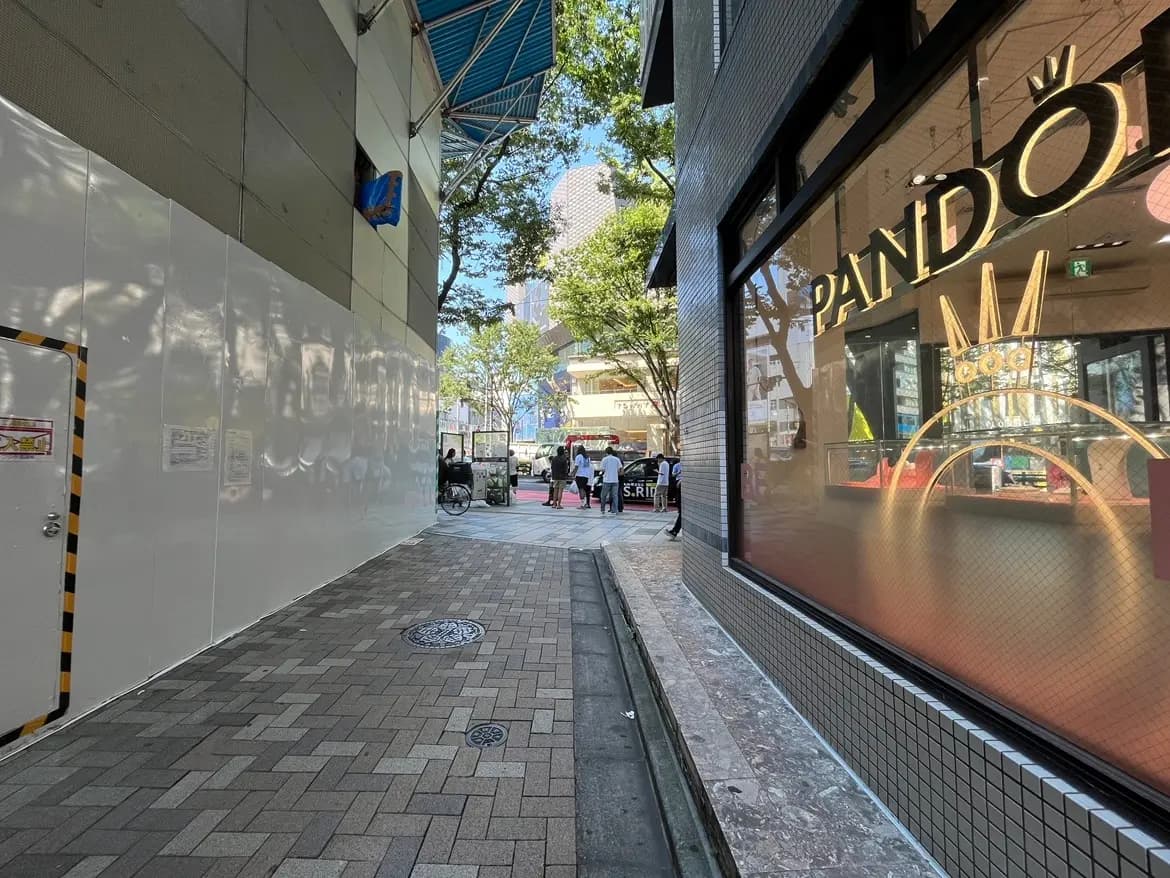- 賑やかな街角に位置するジュエリー店「PANDORA」が見える通り、周囲には木々や歩行者が行き交う風景