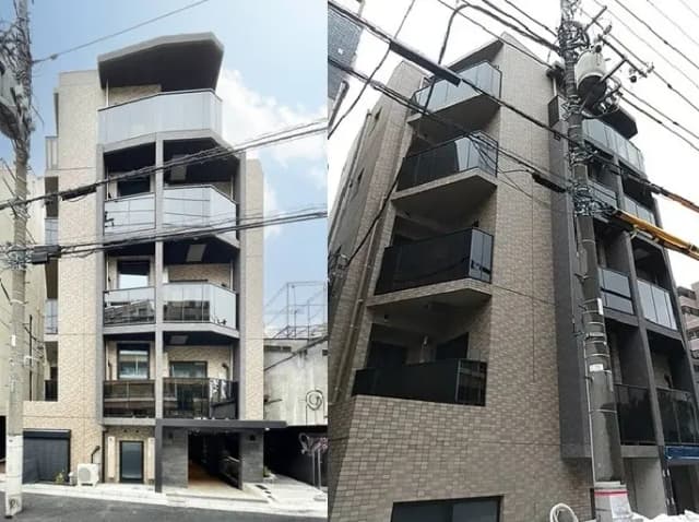 - モダンなデザインのマンション外観、バルコニーと大きな窓を備えたスタイリッシュな建物、周囲の電線が見える都市の風景