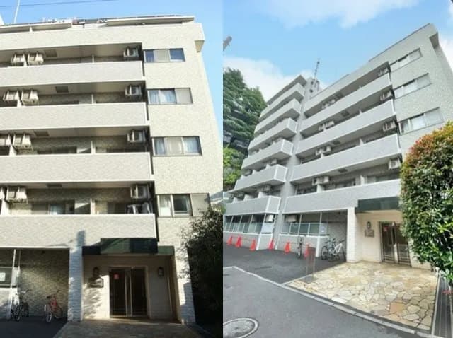 - 近代的なマンションの外観、白いレンガ調の壁、バルコニー、周囲の緑と自転車置き場がある景観