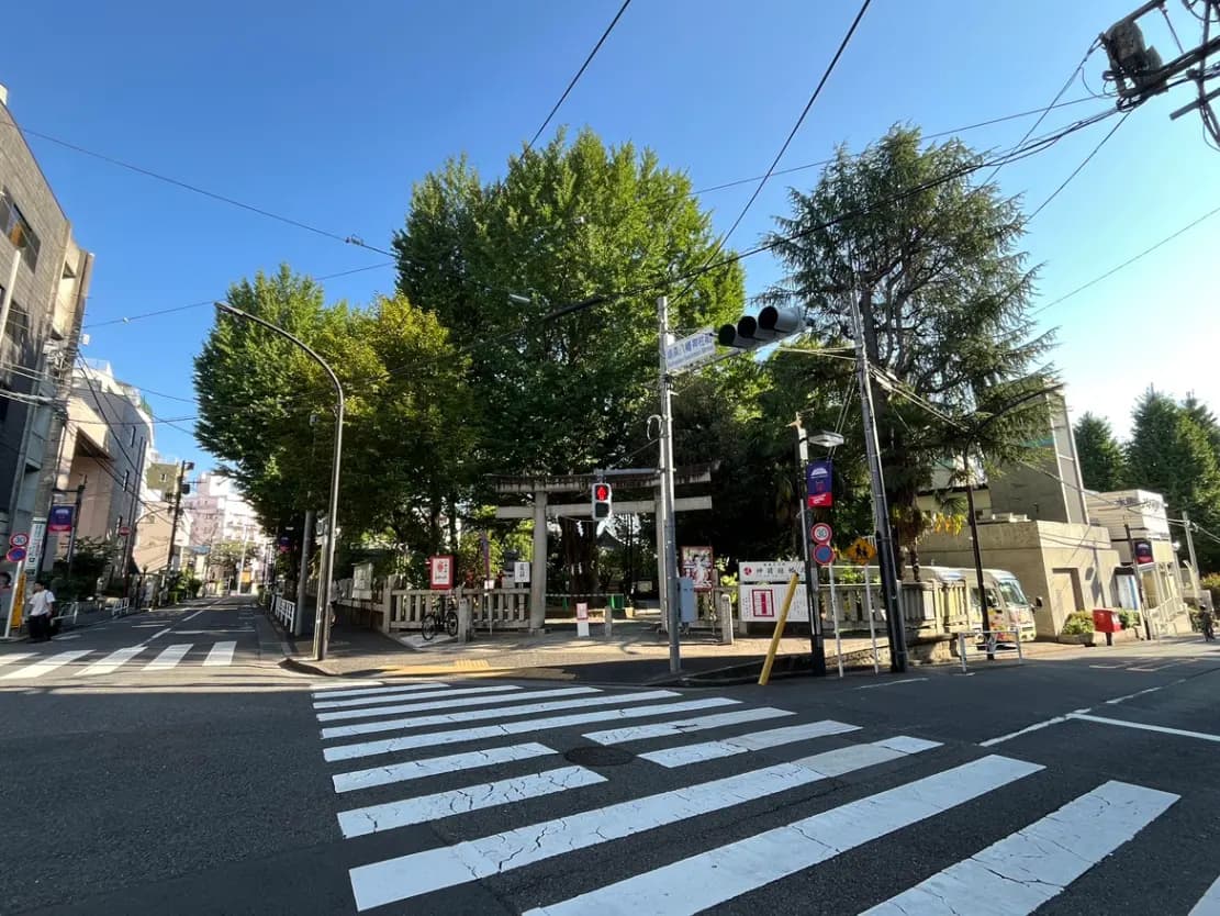 - 街角の信号機と横断歩道、周囲に緑豊かな木々と建物が並ぶ風景、青空が広がる日中のシーン
